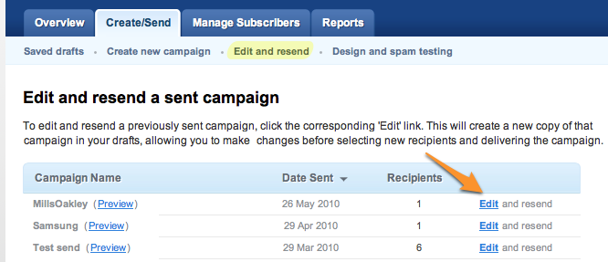 Screenshot of the create/send tab showing the 'edit and resend' page