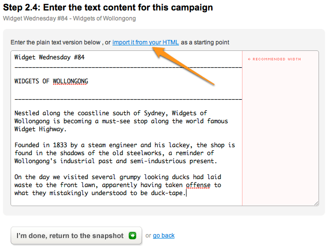 Screenshot showing the link to automatically create plain text from your HTML