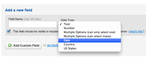 Selecting date as the field type