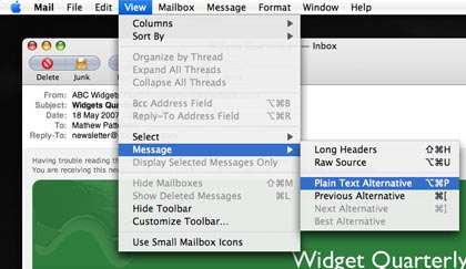 Mail screenshot showing View menu
